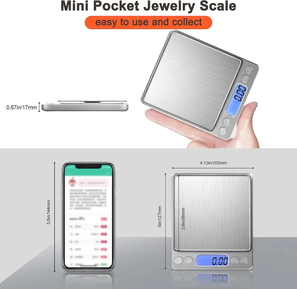 USB Pocket Digital Scale Electronic Weight Scales 3kg 0.1g / 500g 0.01g Jewelry Scale Food Kitchen Balance Silver With 2 Tray