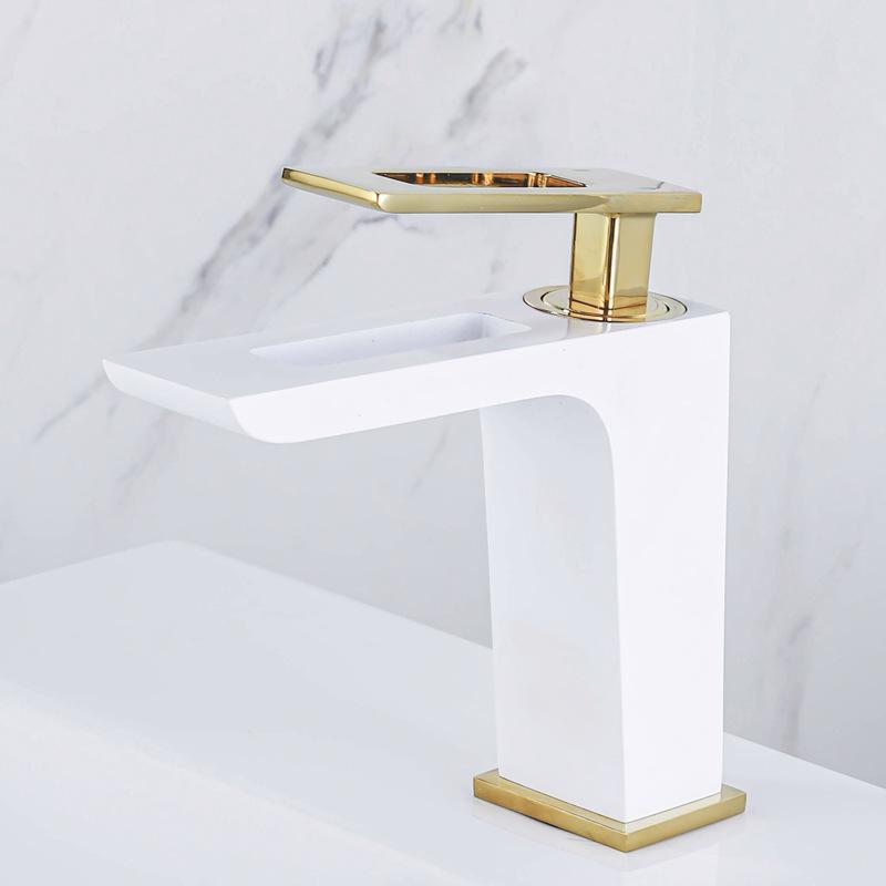 Tuqiu Basin Faucet Black and Gold Bathroom Mixer Tap Black Wash Basin Faucet Single Handle Hot and Cold Waterfall Faucet