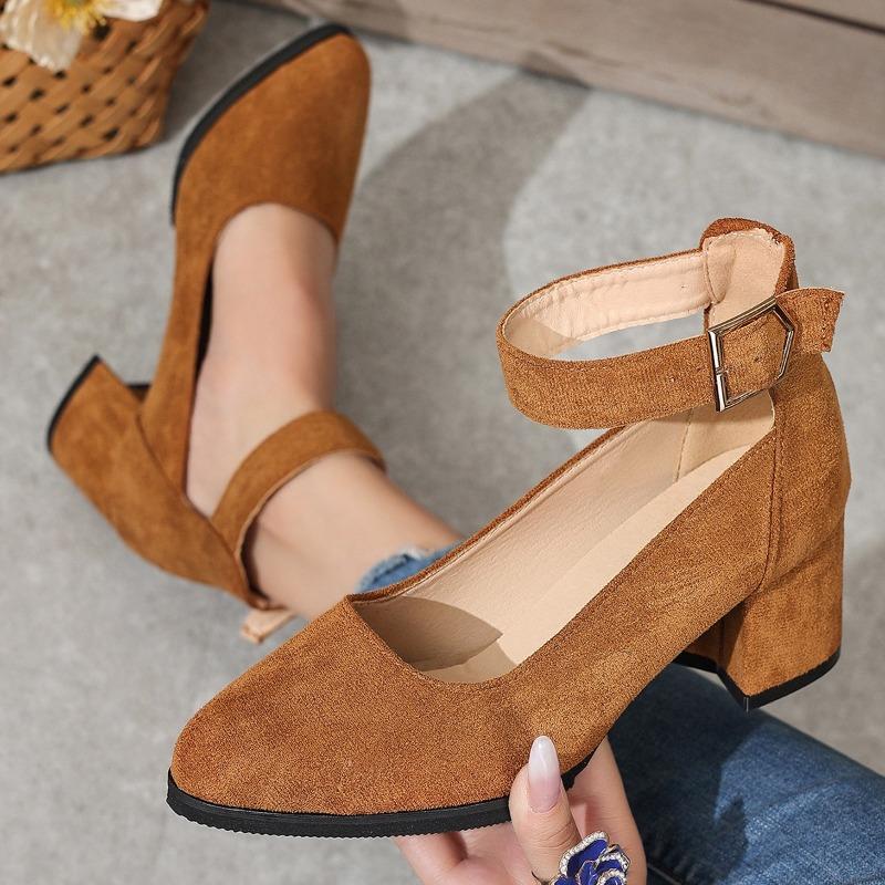Autumn New Thick Heels Women's Brown One-line Buckle Shallow Mouth Woman Single Pumps Suede Large Size Work Shoes