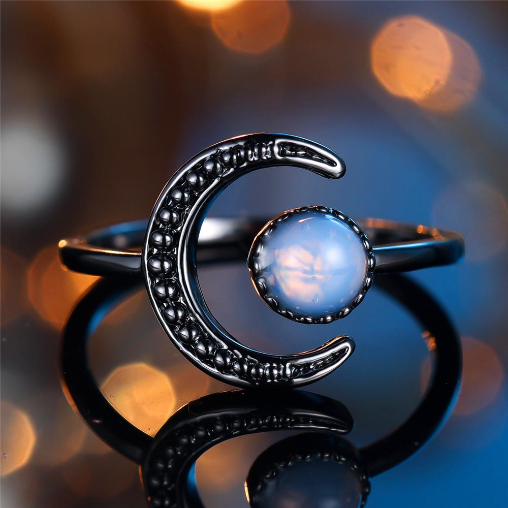

Cute Female Crystal Moon Stone Open Adjustable Ring Black Gold Color Vintage Wedding Jewelry For Women resizable