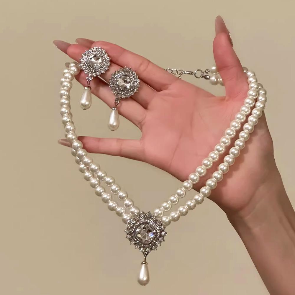 Baroque Style Bridal Jewelry Set Rhinestone Pearl Necklace Water Drop Necklace Earring Set  Girls