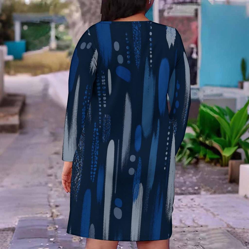 Women Plus Size V Neck Long Sleeve Printed Dark Blue Fitted Straight Dress