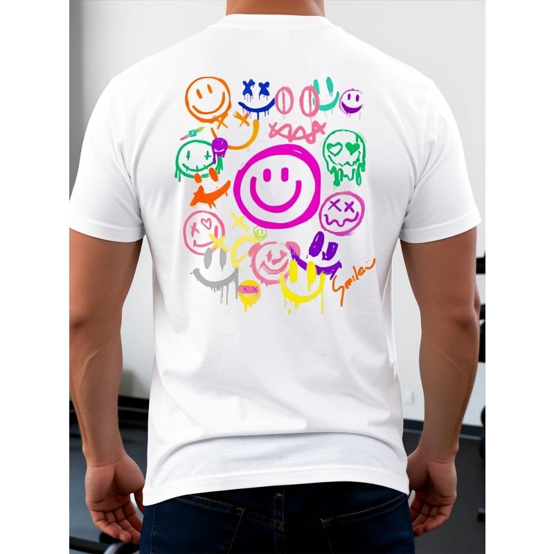 Buntes Graffiti Smile Faces Herren T-Shirt Streetwear Design Sommer Freizeitkleidung Geschenk für Trendige Junge Männer Rückendruck