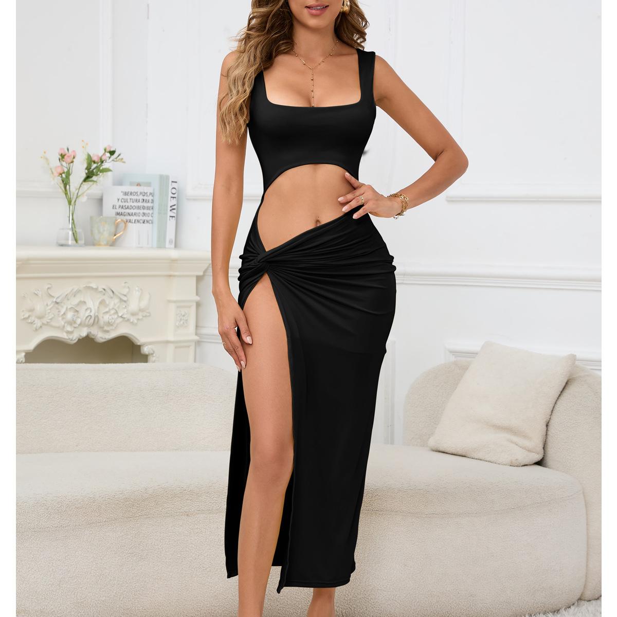 Summer new European and American women s beach dress fashionable and sexy solid color irregular side split dress XS
