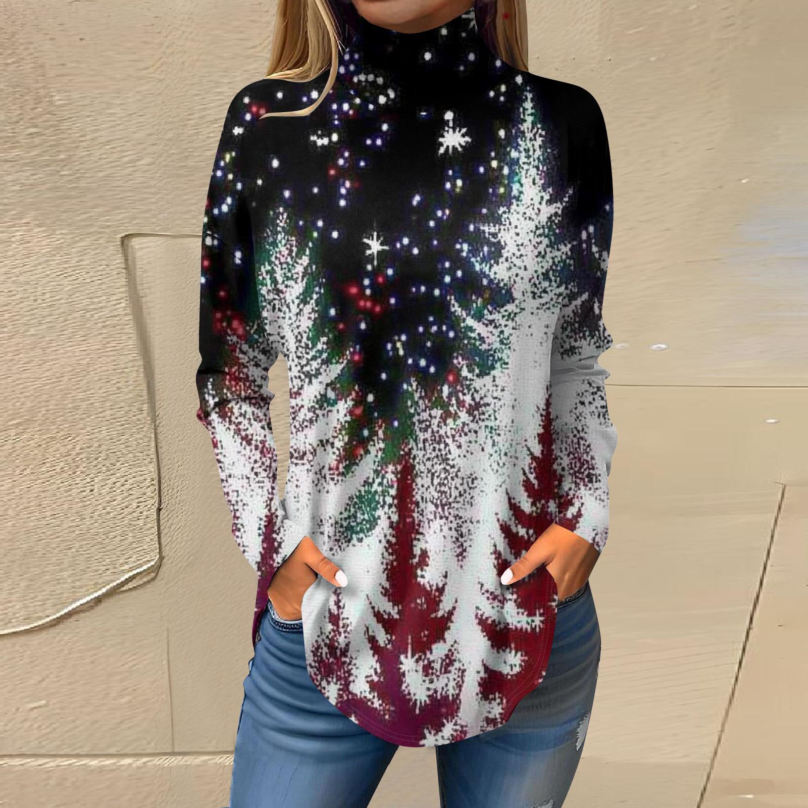 

Женская модная футболка свободного кроя с высоким воротом и рождественским принтом, топ с длинным рукавом XL белый