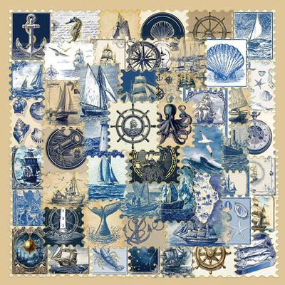 50 PCS Vintage Blue Nautical Postage Stamp Stickers, Retro Ocean Sailboat Lighthouse Waterproof Decals for Stationery