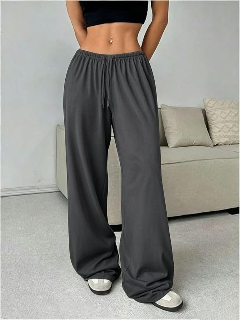 New summer quick-drying breathable women's yoga sports trousers solid color drawstring loose wide-leg trousers