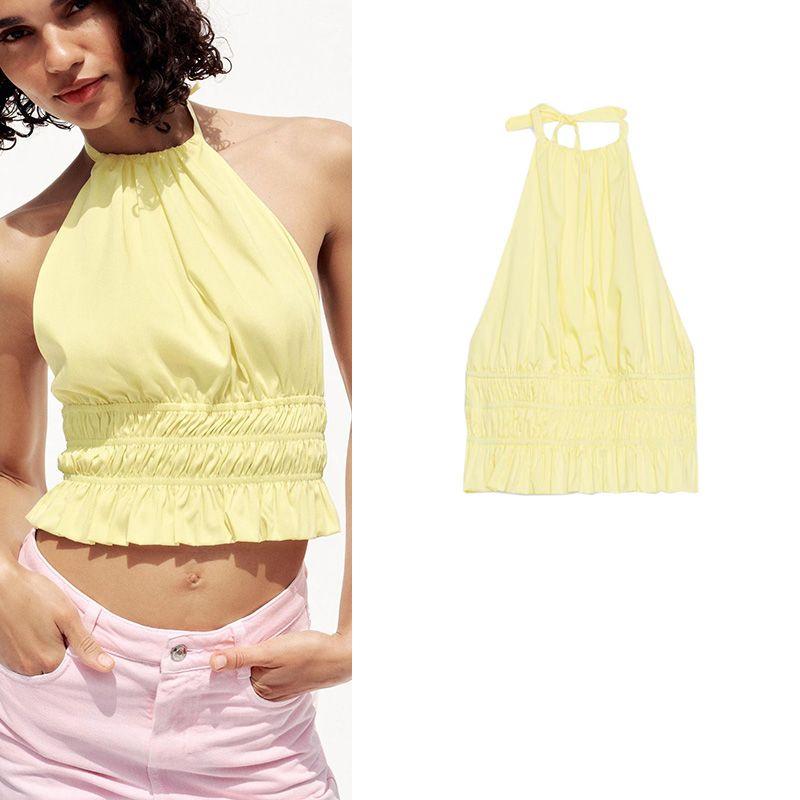 Summer Women's Stretch Ruched Hem Silk Satin Stylish Textured Hanging Collar Open Back Short Top 3359920