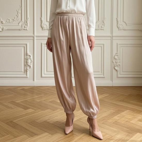 Women Satin Bloomers, High Waist Wide Leg Trousers, Pure Color Loose Fit Flowing Pants for Office Date Night Casual Daywear