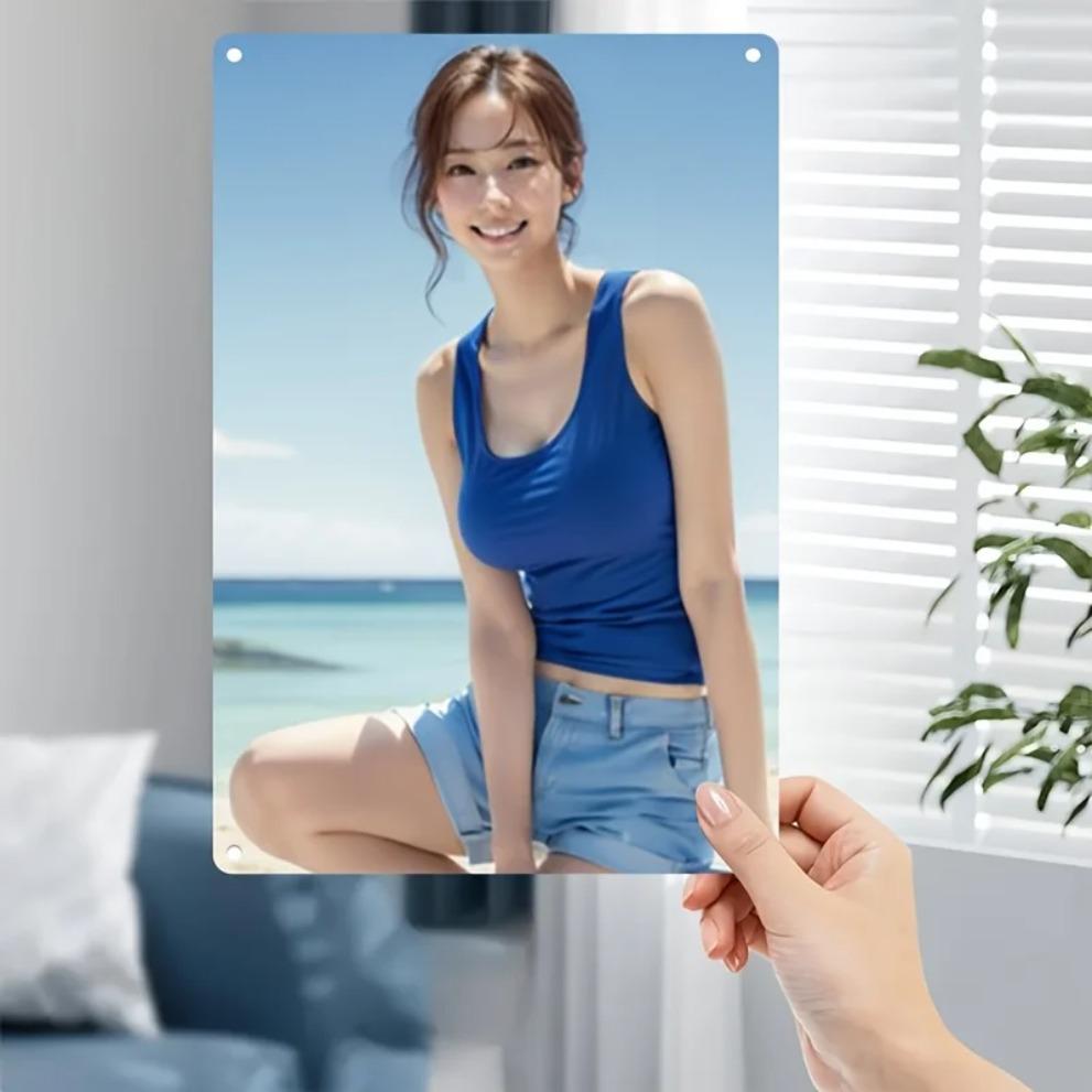 

HD Metal Tin Sign Beach Girl in Blue Tank Top Wall Art Retro Metal Plaque for Home Bar Decor x Inch 20x30cm（7.8x11.8inch）