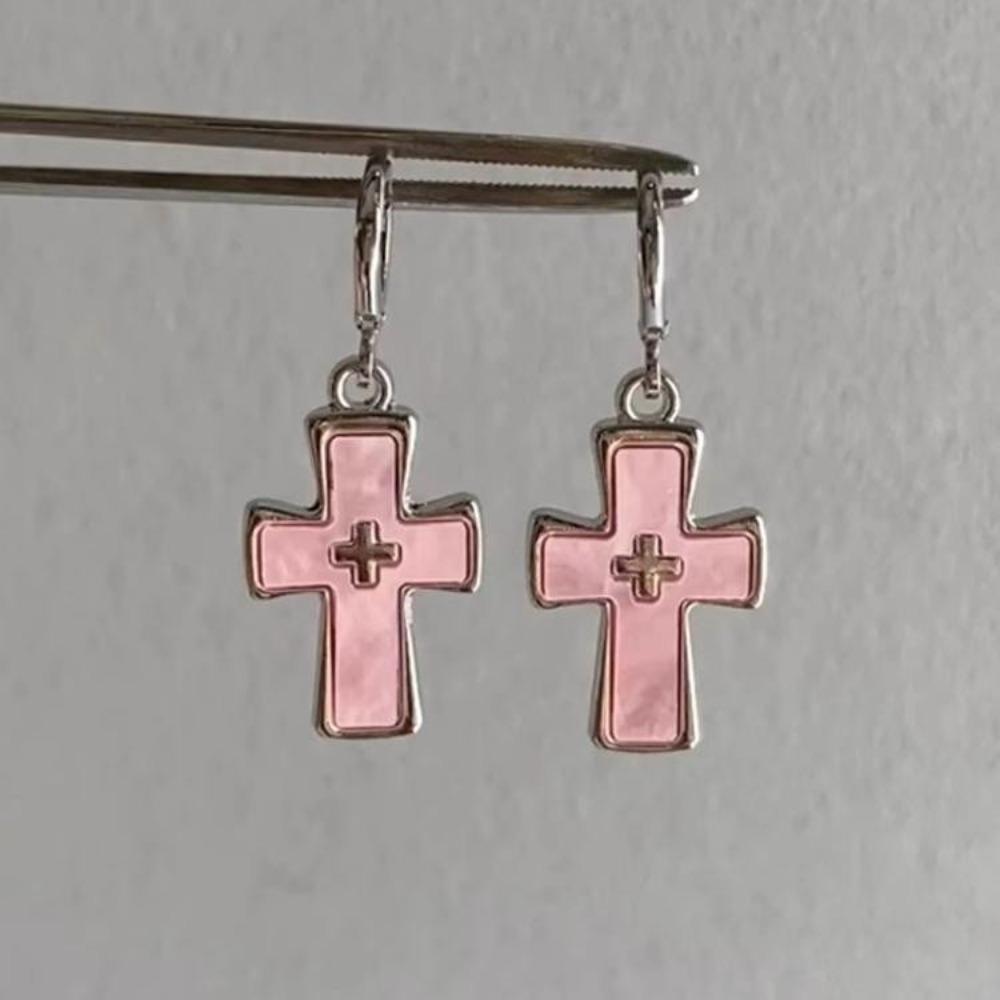 Korea Temperament Dopamine Pink Cross Heart Pendant Hoop Earrings for Women Gothic Hip-hop Party Stainless Steel Jewelry Gifts