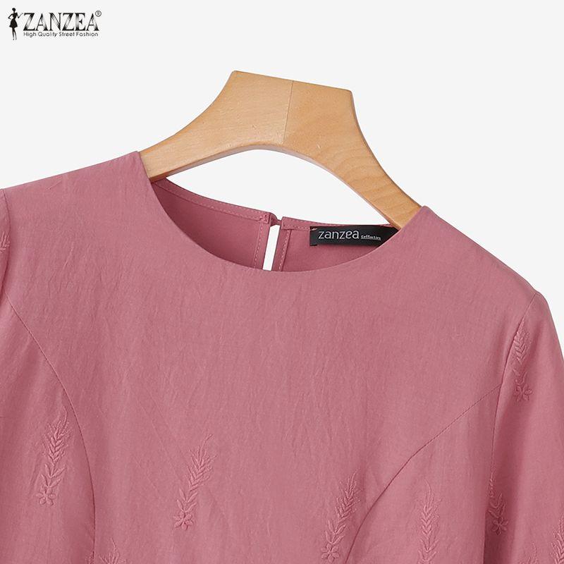 ZANZEA Women Casual Round Neck 3/4 Sleeve Embroidery Loose Blouse