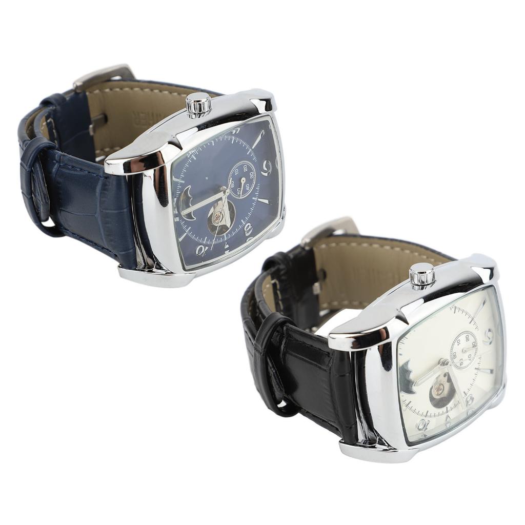 Skeleton Automatic Mechanical Wrist Watch for Men Moon Phase Self Winding Water Resistant PU Leather