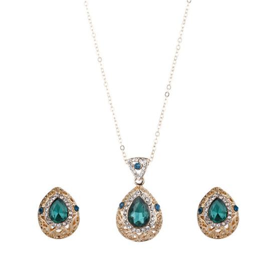 

2 шт./компл. элегантное ожерелье и серьги с инкрустацией стразами, комплект полых капель воды, регулируемое ожерелье, серьги-гвоздики, комплект свадебных украшений, подарок зелёный