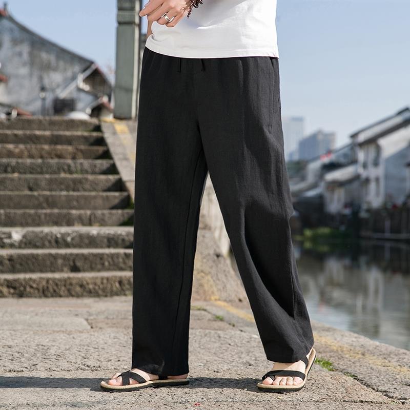 Chinese Style Men's Ramie Cotton Linen Trousers - Loose Plus Size, Straight Leg, Casual Tang Suit for Middle-Aged and Elderly, Spring/Summer.
