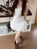 Women's Sweet White Spaghetti Strap Ballet-Style Dress with Unique Ruffle A-Line Skirt