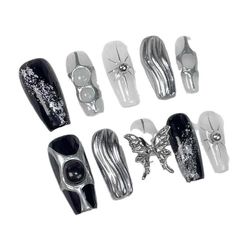 Stylish Matte Metallic Press-On Nails With Butterfly Relief Design Medium Length Reusable Fake Trendy Girls