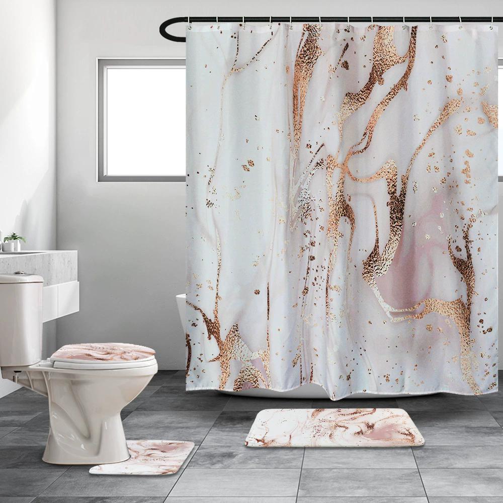 Marble Shower Curtain Set Creative Watercolor Ink Art Geometric Modern Bathroom Decor Floor Rug Bath Mats Toilet Lid Cover