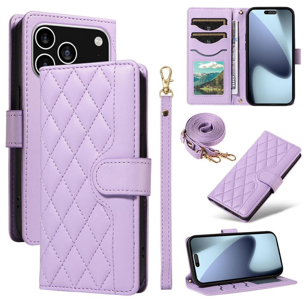 For iPhone 17 Pro Wallet Case Rhombus Leather Phone Cover with Strap
