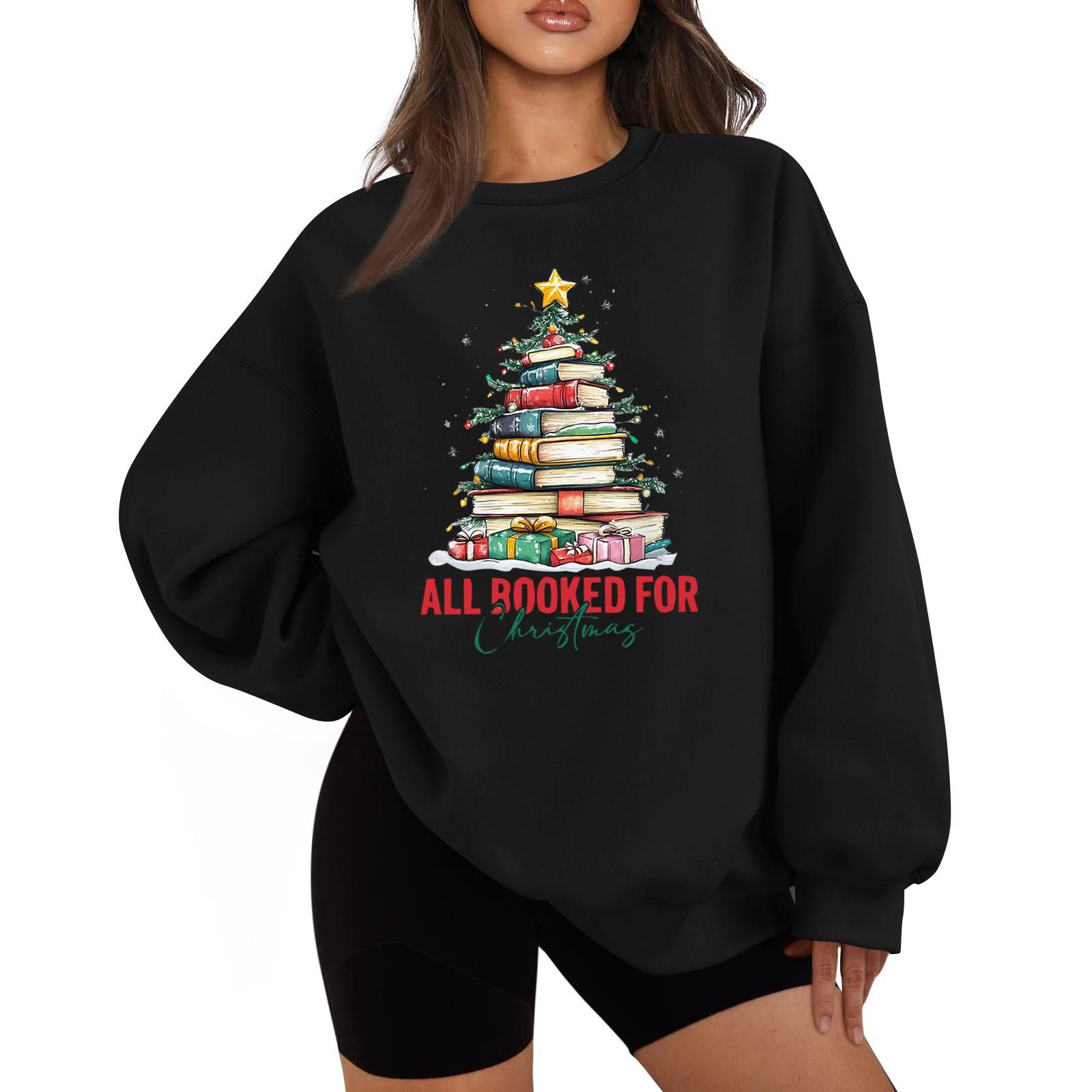 

Женская повседневная модная толстовка с длинным рукавом и рождественским принтом с круглым вырезом XL чёрный