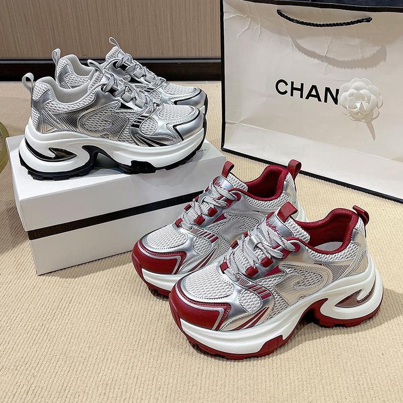Damen-Dad-Schuhe mit dicker Sohle 2025 Frühling neue modische vielseitige dicksohlige erhöhende Mesh-Freizeit-Sportschuhe für Damen