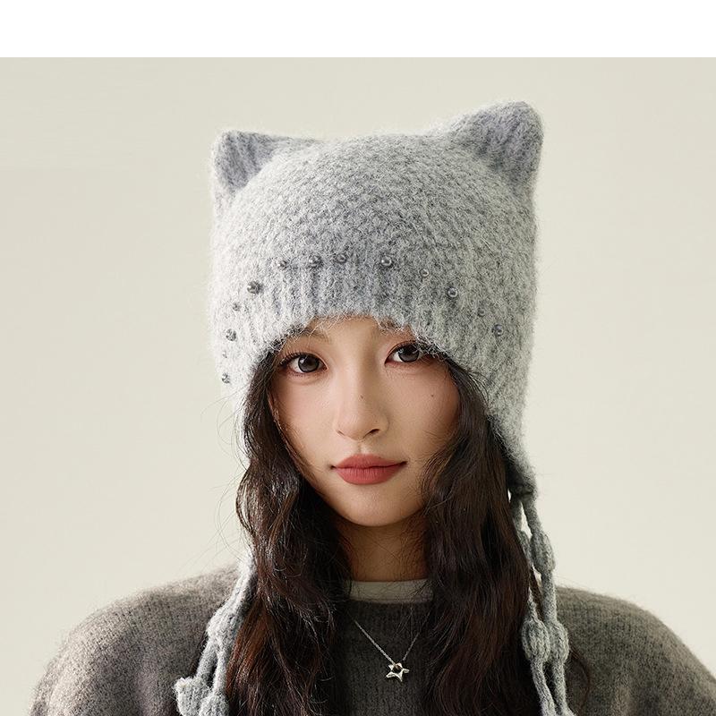 

Жемчужная кисточка Шапка вязаная с медвежьими ушками Женская зимняя защита ушей Теплая шерстяная шапка серый