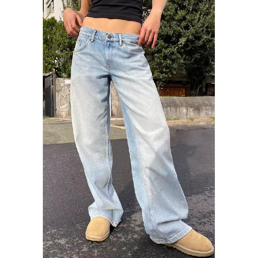 Washed vintage distressed straight high-waisted wide-leg loose drapey versatile women s jeans S