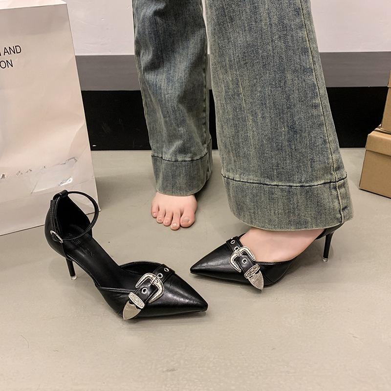 New One-line Pointed Toe Stiletto Rivet High Heels Feminine Buckle Punk Style Hollow Single Shoes