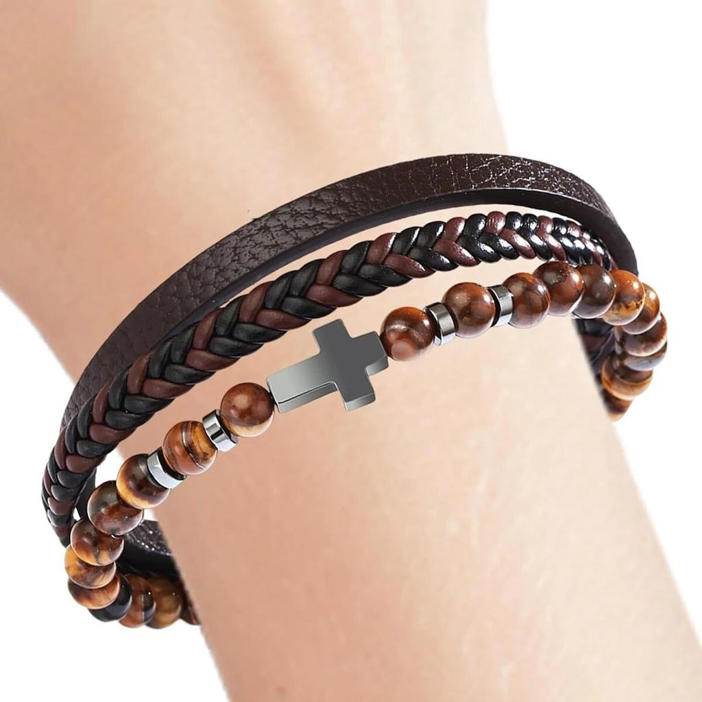 Kreuzarmband Herren, Mehrsträngiges geflochtenes Armreif, Manschettenarmband Oder Geburtstagsgeschenk für Ihn