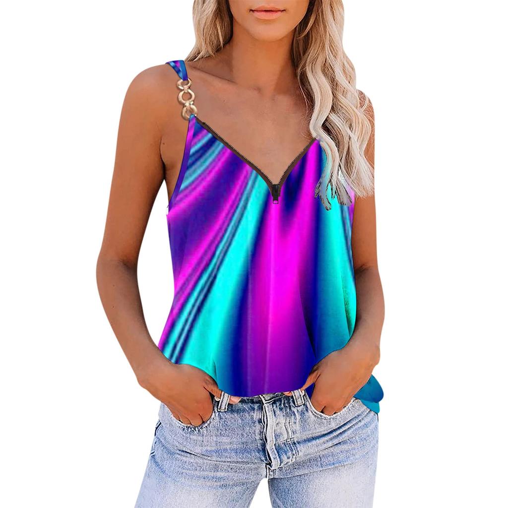 2023 Summer Sleeveless Zip Print Tank Top For Women Fashion Loose Casual V Neck Shirt Elegant Vest Clothing 25562