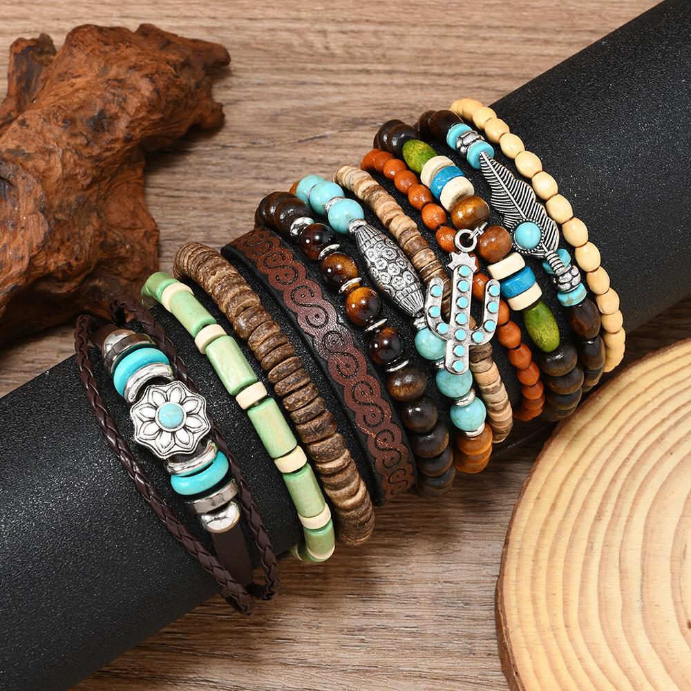 Sombrero Vaquero Retro Cabeza de Toro y Set de Pulsera de Cuero Tejida a Mano Multicapa (11 piezas) para hombres