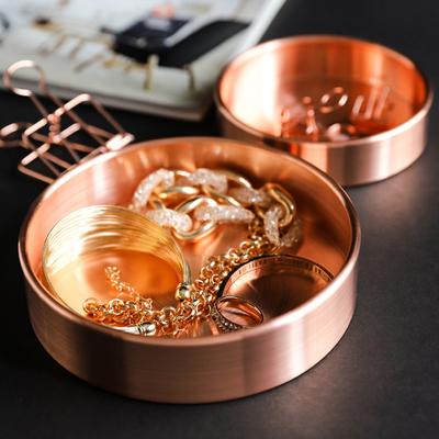 Nordic Style Retro Storage Tray Gold Thickened Copper Plate Round Metal  Dish Jewelry Comstics Storage Decorative Ornament