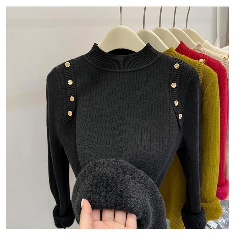 

Autumn and winter new simple semi-turtleneck integrated fleece knitted bottoming shirt women s fleece thickened warm inner sweater top One Size