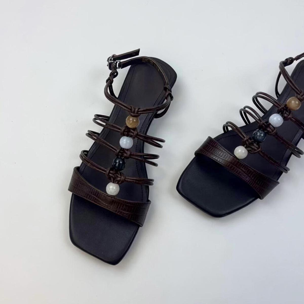 

Sheepskin version~ Square head retro vacation style beaded word with Roman sandals low heel open toe with skirt beach shoes 35 коричневый