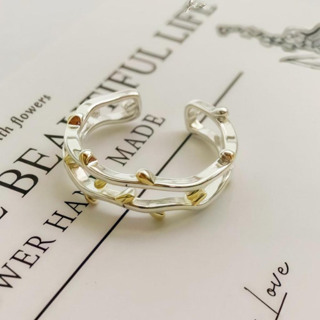 Bague Ouverte Réglable Feuille Dorée Branche pour Femmes - Petit Design Frais à Double Couche