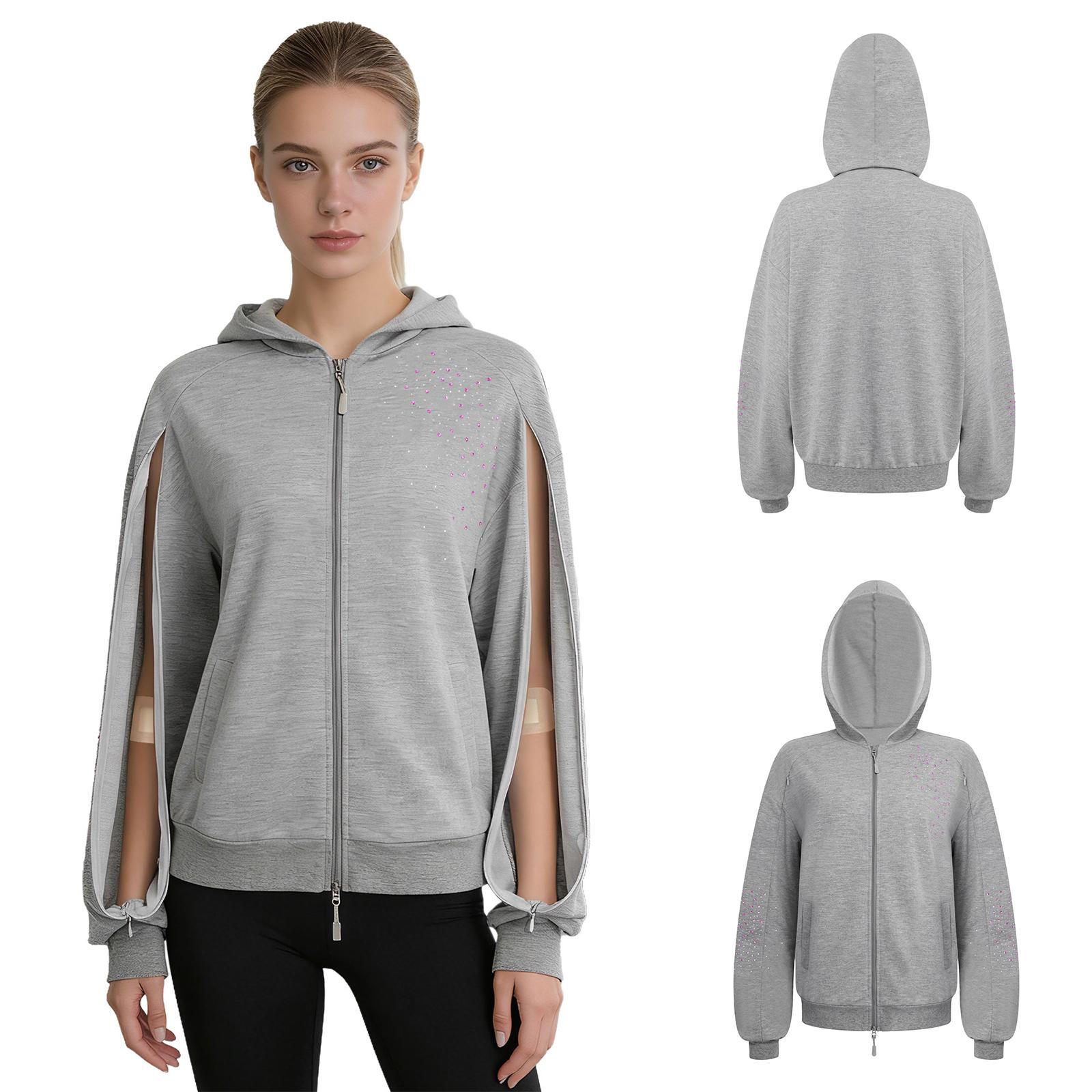 Dialyse Hoodie für Damen durchgehender Reißverschluss Langarm Reißverschluss am Arm Glitzernde Strassjacke mit Taschen für Komfort XS graue
