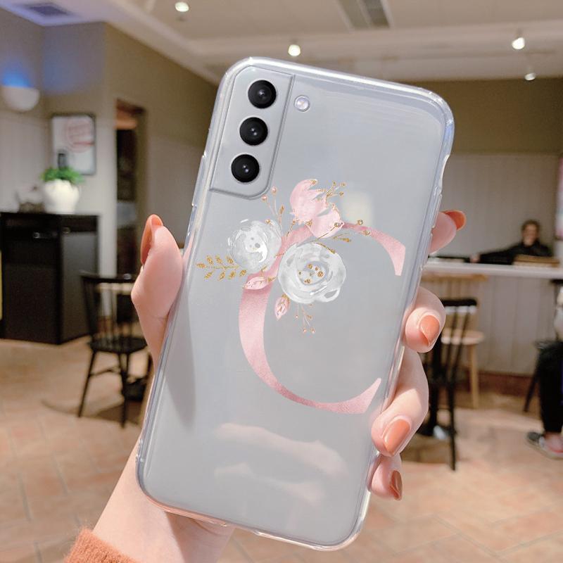 Initial Letter Cover For Samsung Galaxy S23 S24 S25 Plus Ultra Case Transparent Soft Silicone Flowers Capa For Samsung S23+ Bag