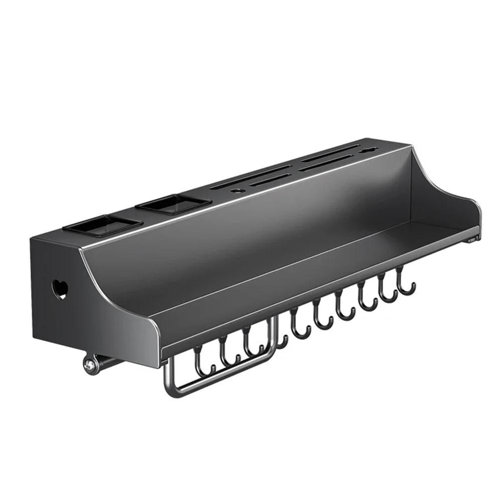 

Stainless Steel Kitchen Utensil Rack Space Saving Wall Mount with Double Layer Spice Storage and Hanging Hooks