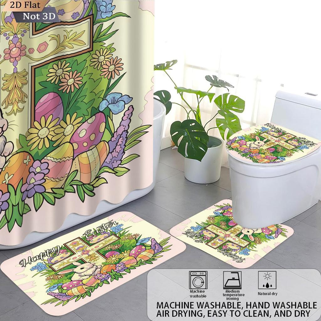4pcs Easter Cartoon Rabbit Cross Print Bathroom Set 180x180 Waterproof Shower Curtain 12 Hooks Floor Mat Toilet Mat U-Shaped Mat