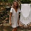 Elegant V-Neck Ruffles Mini Dress Women Short Sleeve Button Solid Beige Casual Spring Summer S-XL
