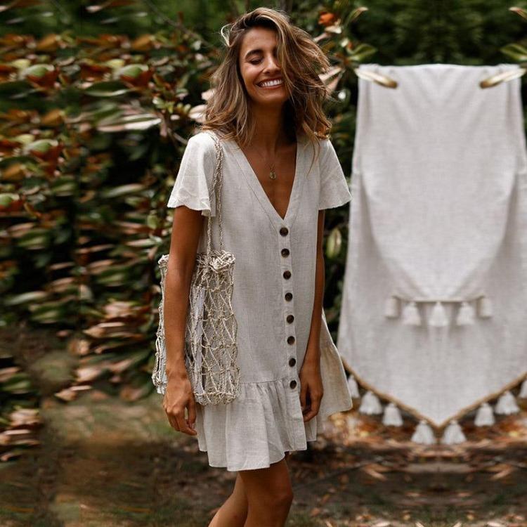 Elegant V-Neck Ruffles Mini Dress Women Short Sleeve Button Solid Beige Casual Spring Summer S-XL