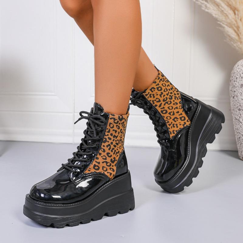 Fashion Leopard Color Block Single Boots Women's Fashion Round Toe Platform Lace-Up Front Non-Slip Wear-Resistant Wedge Booties