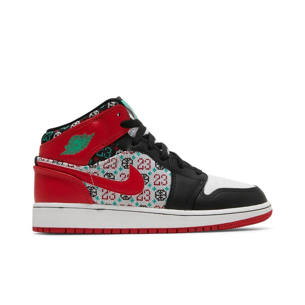 Air Jordan 1 Mid SE Grade School 'Ugly Christmas Sweater' (Unisex) White / Black / Roma Green / University Red Kids' Basketball Shoes DM1208 150
