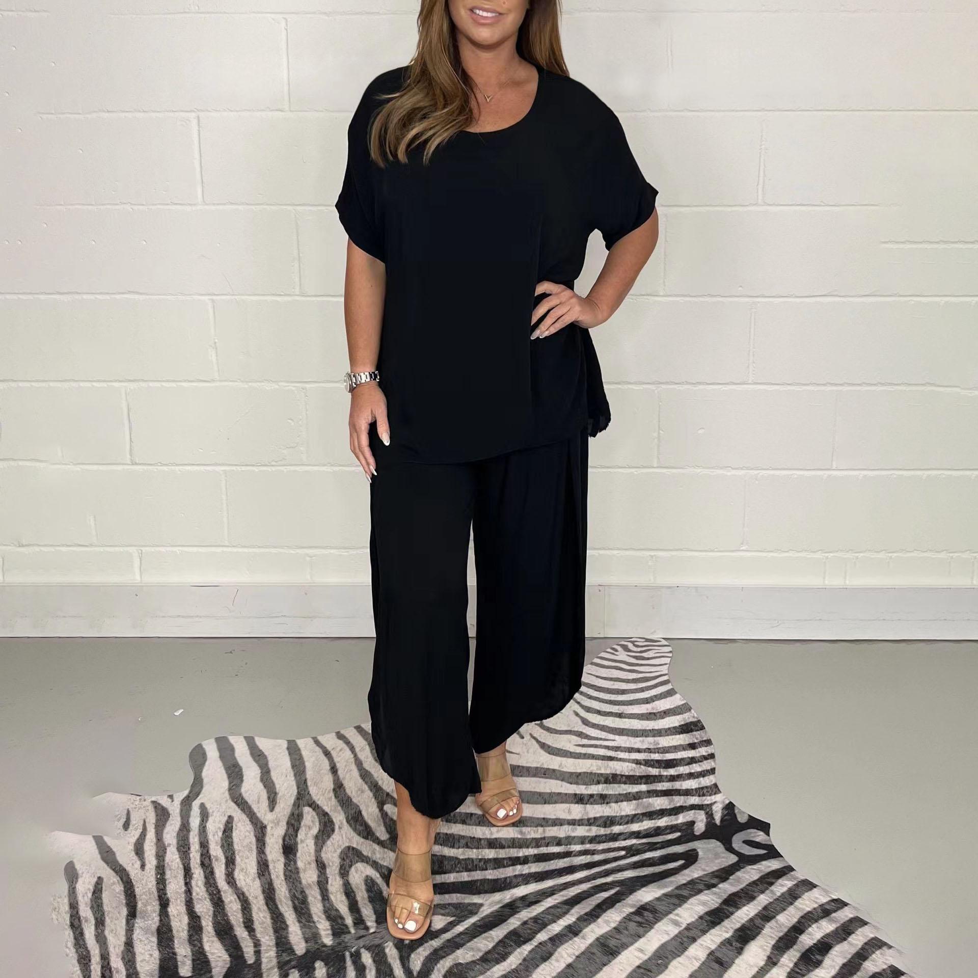 

Женский топ и брюки, костюм с круглым вырезом, чистый цвет, свободная дышащая мягкая повседневная одежда с широкими штанинами, 2 шт./компл., большие размеры 5XL чёрный