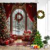 Red Christmas Shower Curtain Xmas Trees Gift Window Winter Forest Scenery New Year Home Wall Hanging Bathroom Decor With Hooks