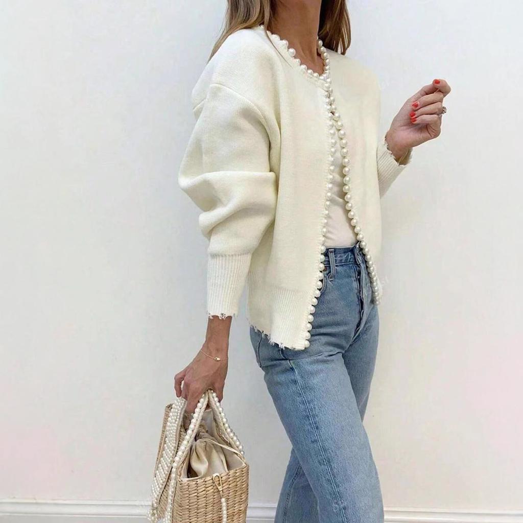Spring Round Neck Pearl Trim Knit Top Cropped Long Sleeve Detailed Cardigan Fashion Coat Women