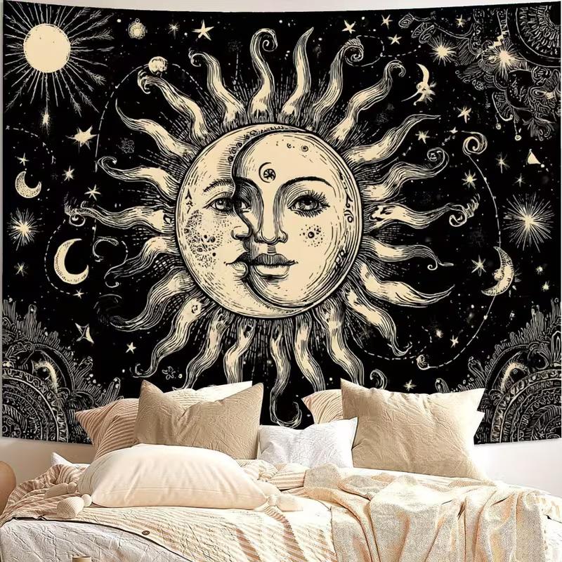 2D Sun and Moon Tapestry Black and White Celestial Wall Hanging Decor