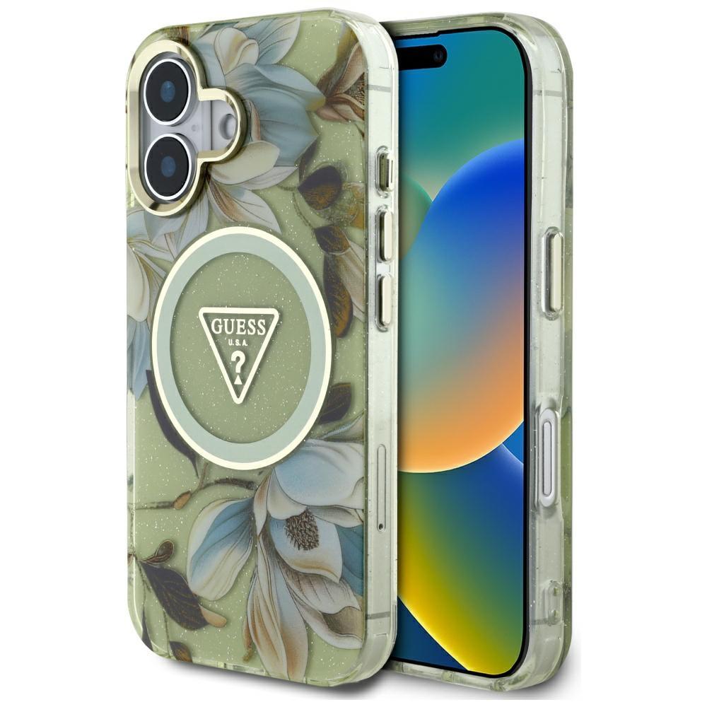 Etui Guess Glitter Flowers Triangle      Buttons Magsafe Do Iphone 16 Zielony