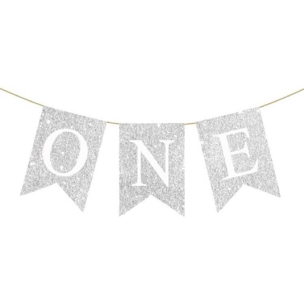 Pink Glitter One High Chair Banner, First Birthday Decor, Glittery Bunting for One Year Old Girl Party Supplies