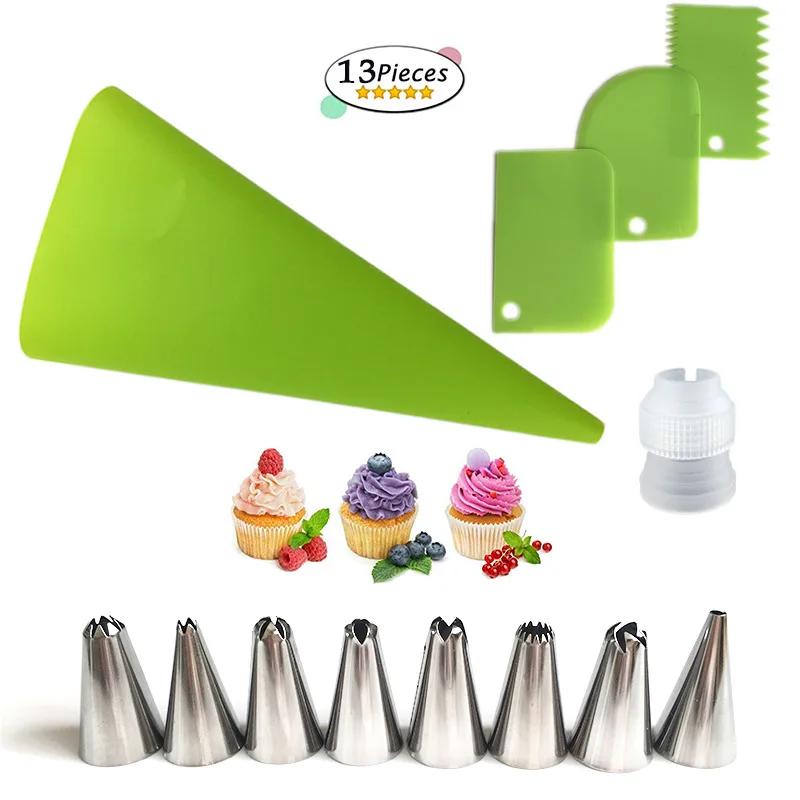 13pcs Kitchen Cake Decorating Tips Set Russian Icing Piping Nozzles With Silicone Pastry Bags Cake Pastry Tools Cream Scraper